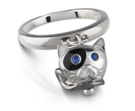 Anello Chantecler Campanella Gatto in Argento, Smalto Nero e Zaffiri Blu