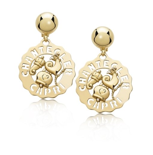 Monorecchino Chantecler Logo Piccoli con Gallo, Campanella, Cornetto in Oro Giallo 18 KT e Diamanti