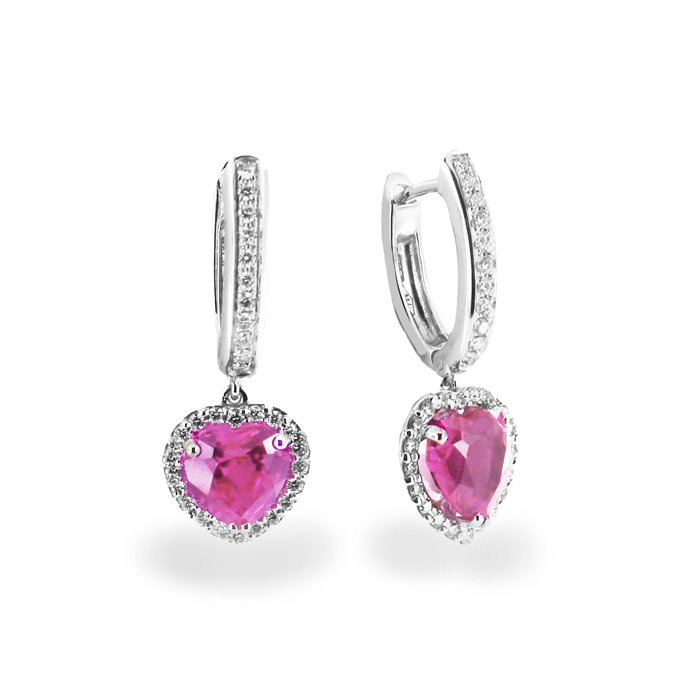 Orecchini Freelight Cuore in Oro Bianco, Diamanti e Zaffiri Rosa